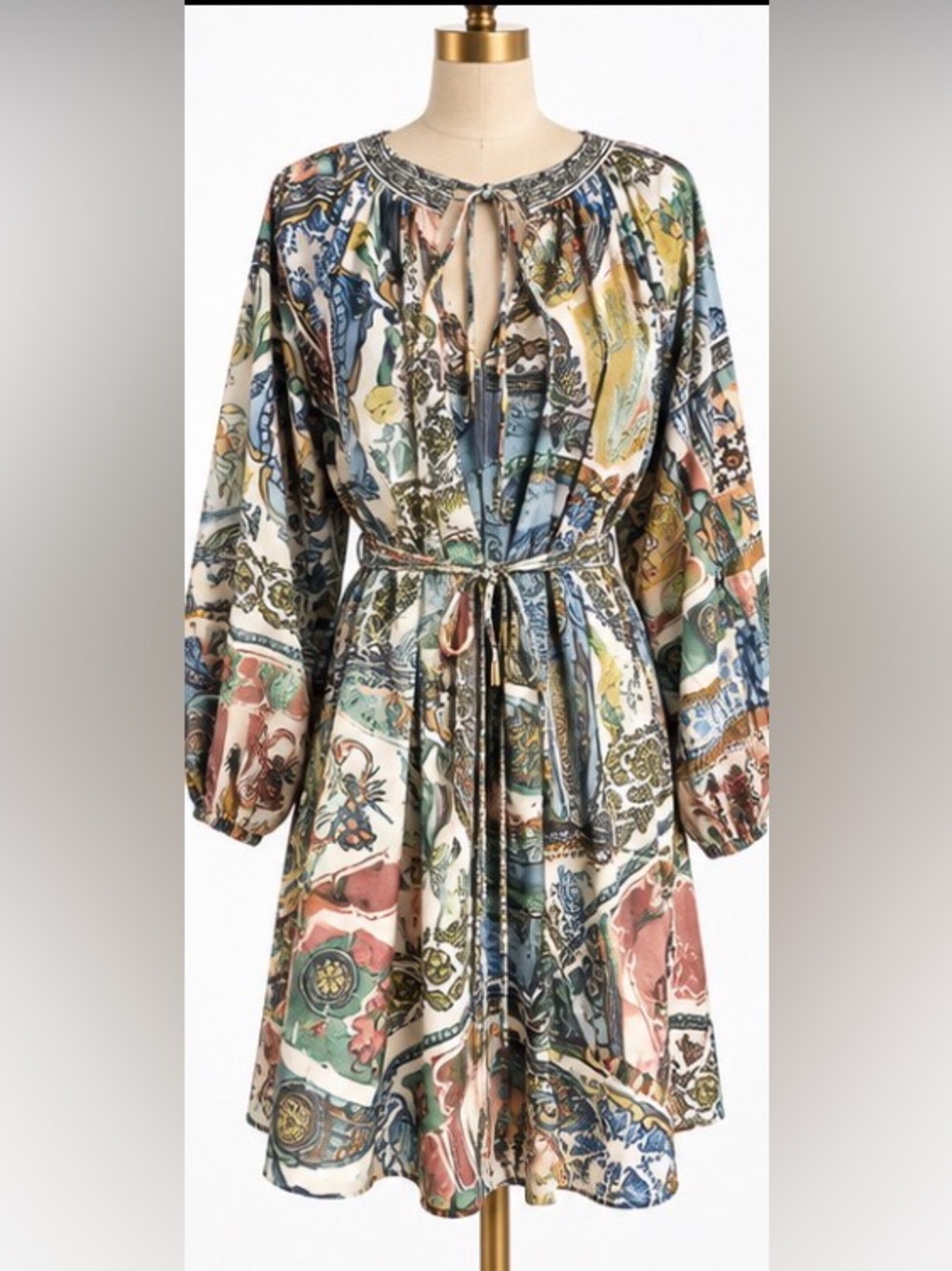 Beulah Style QC9247 Scarf Print Oversized Belted Mini Dress M NWT